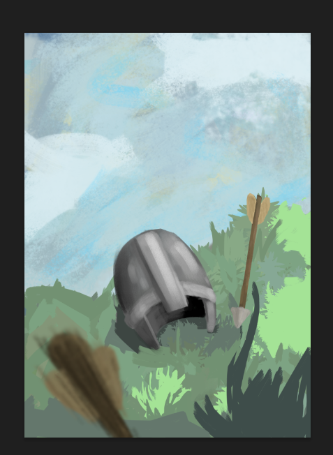 Solider's helmet dropped on the grass in a war scenario.
